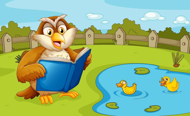 An owl reading near the pond vector