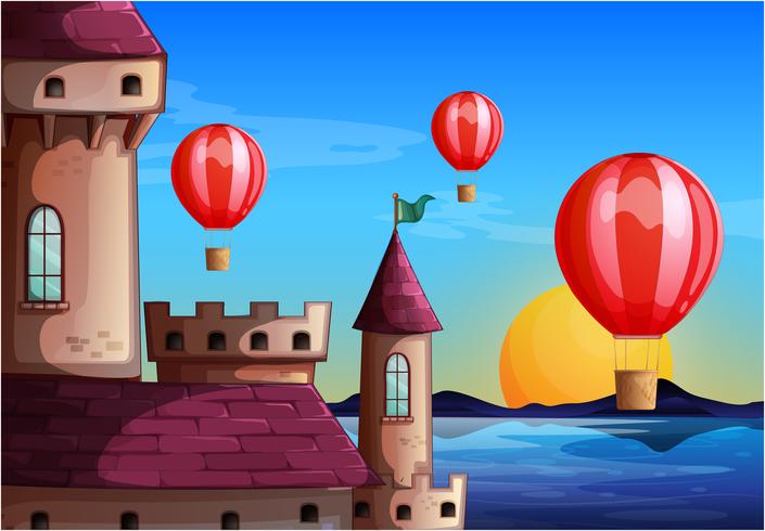 Globos flotantes cerca del castillo. vector