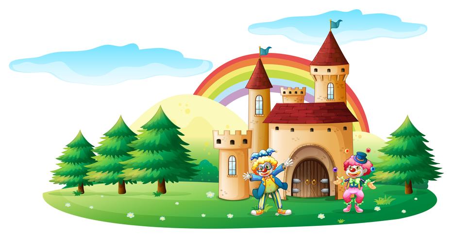 Two clowns in front of a castle vector