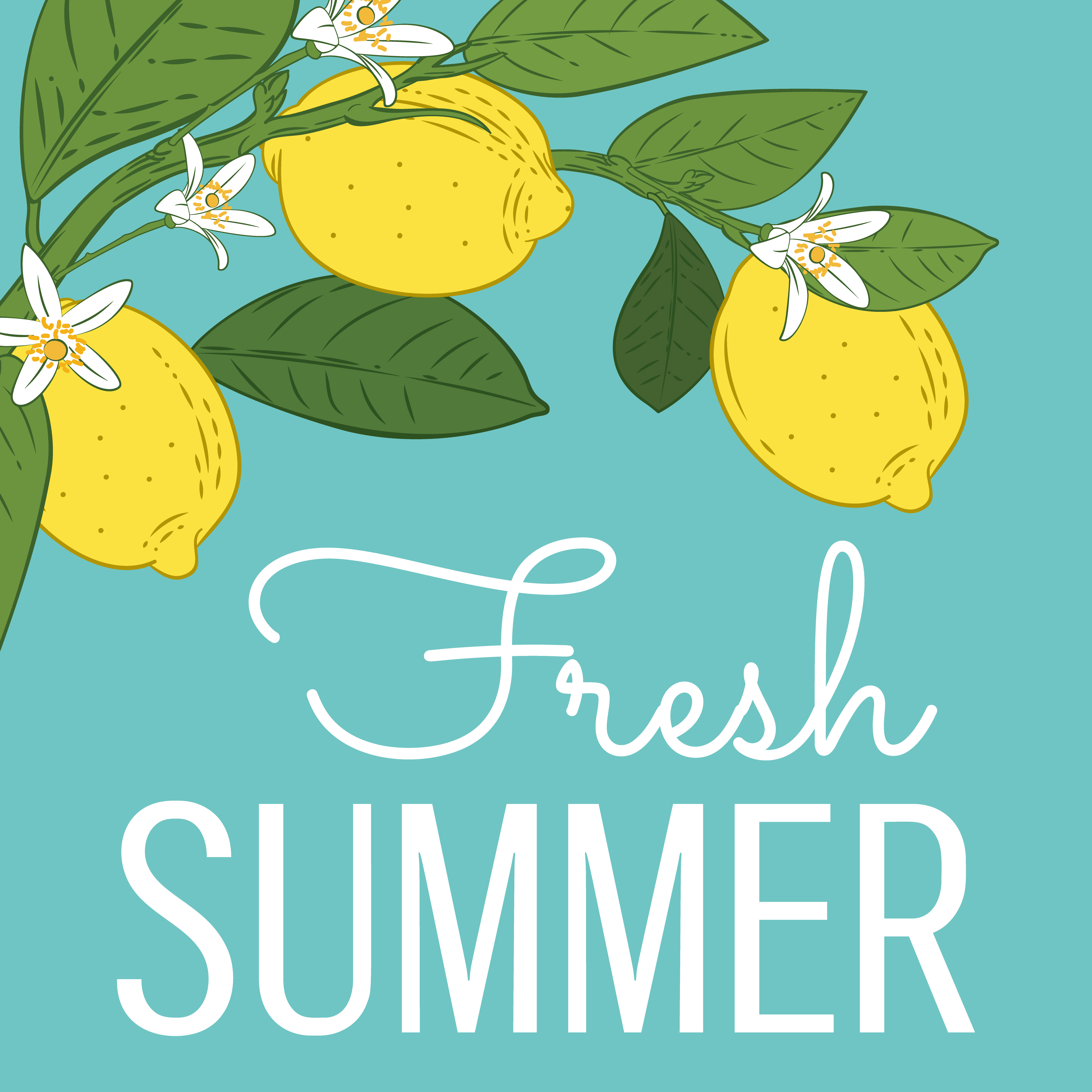Tropical citrus lemon fruits bright summer card. Poster with lemons