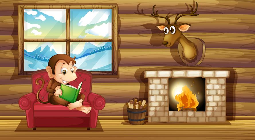 A monkey reading at the chair near the fireplace vector