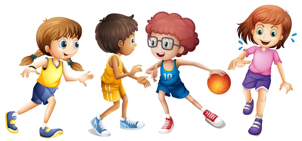 Niños jugando baloncesto sobre fondo blanco vector