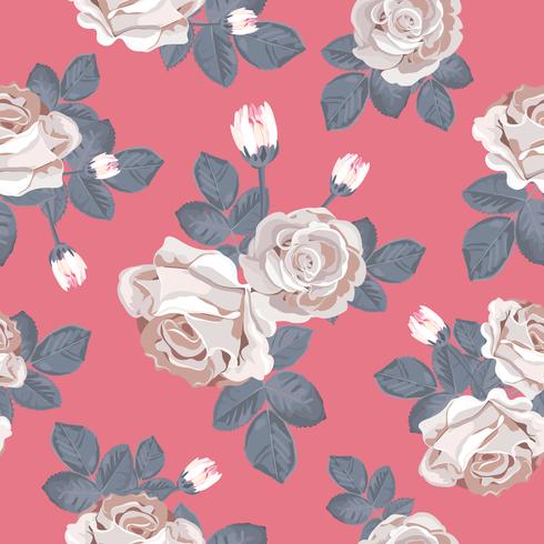 Modelo inconsútil floral retro. Las rosas blancas con gris azul se van en fondo rojo. Ilustración vectorial vector