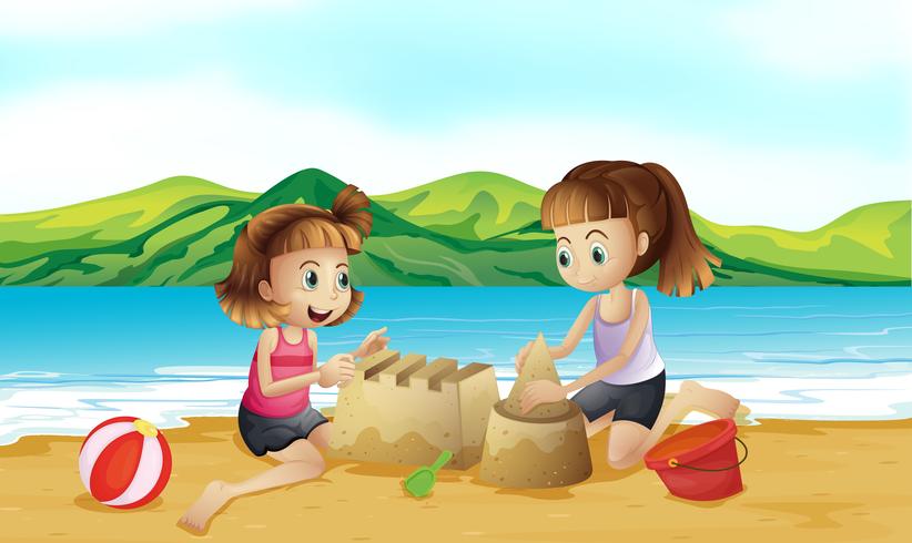 Two friends making a castle at the beach vector