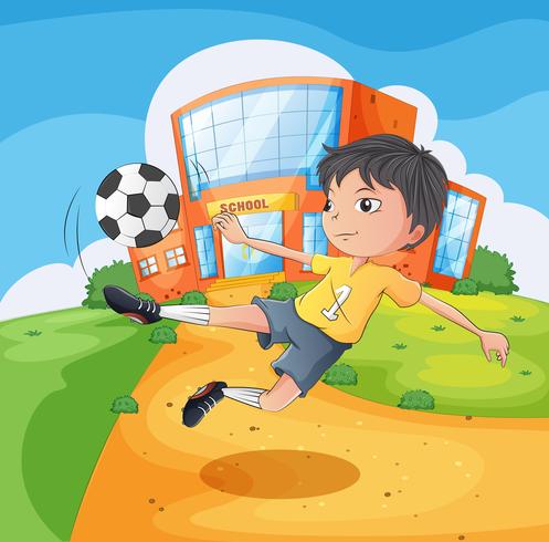 A soccer player in front of the school building vector