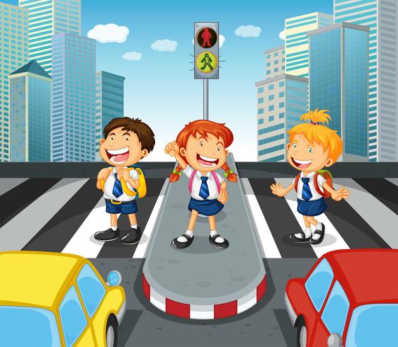 Children crossing the road on zebra crossing vector