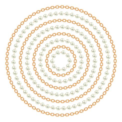 Patrón redondo realizado con cadenas doradas y perlas. En blanco Ilustración vectorial vector