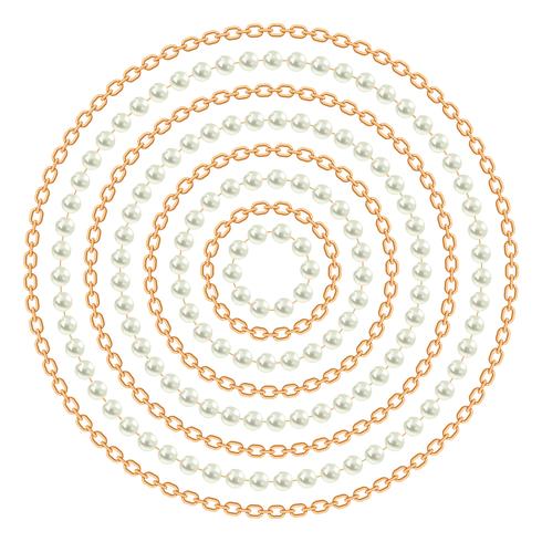 Round pattern made with golden chains and pearls. On white. Vector illustration