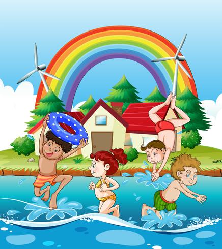 Children swimming in the sea vector