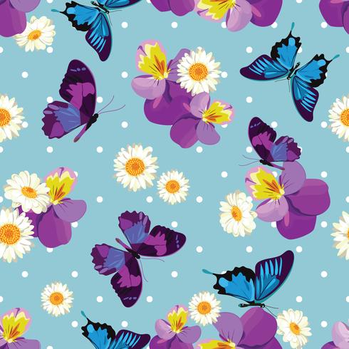 Floral pattern. Pansies with chamomiles on blue polka dot background.  vector