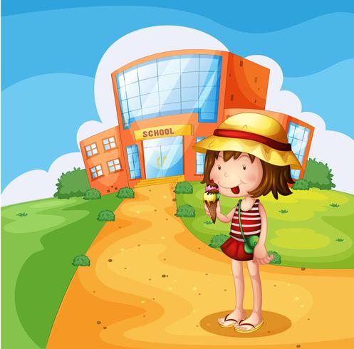 A girl eating an ice cream near the school vector