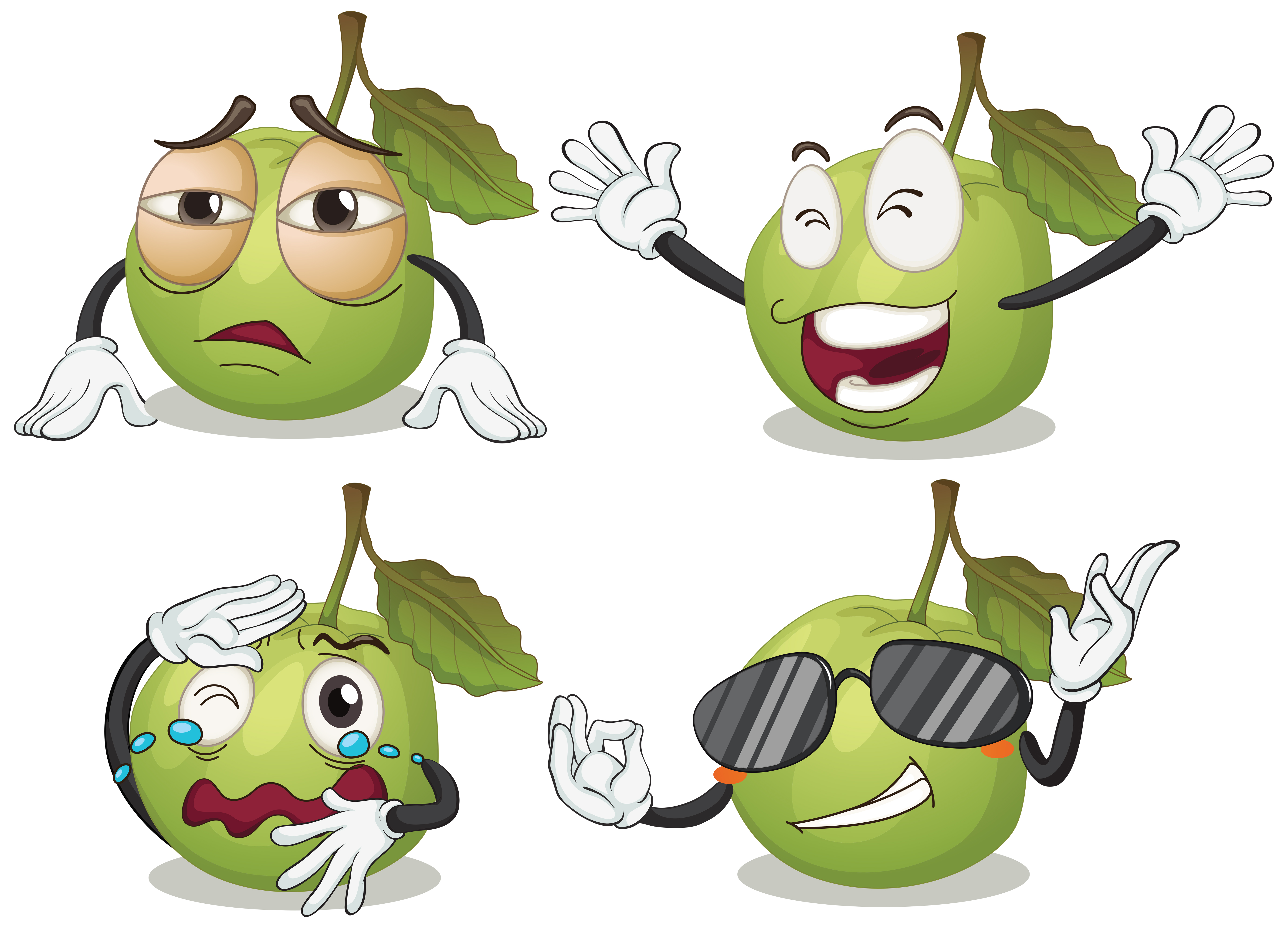Illustration of guava with facial expressions.