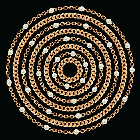 Round pattern made with golden chains and pearls. On black. Vector illustration