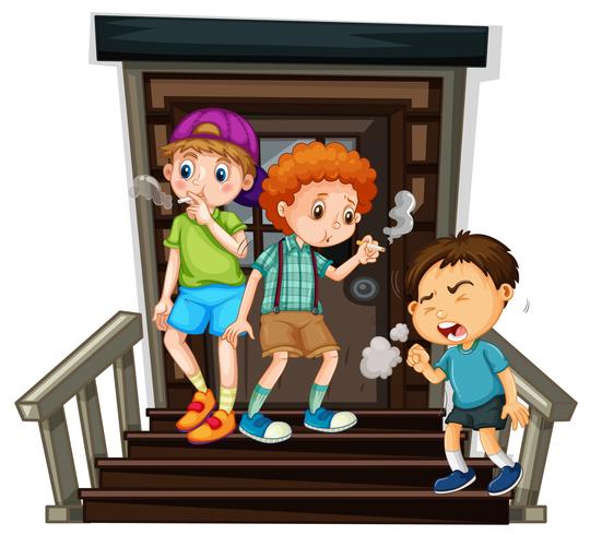 Three boys smoking cigarette on stairs vector