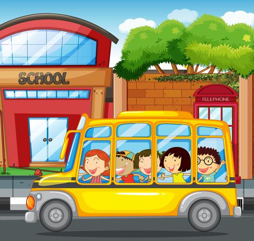 Children riding on yellow bus in town vector