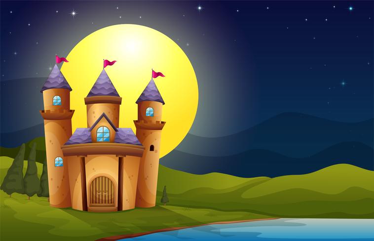 Un castillo en un escenario de luna llena. vector