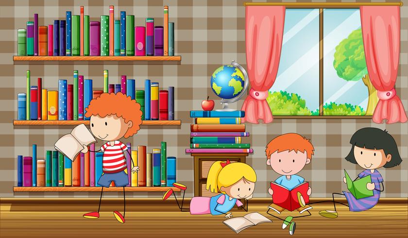 Kids reading books in the library vector