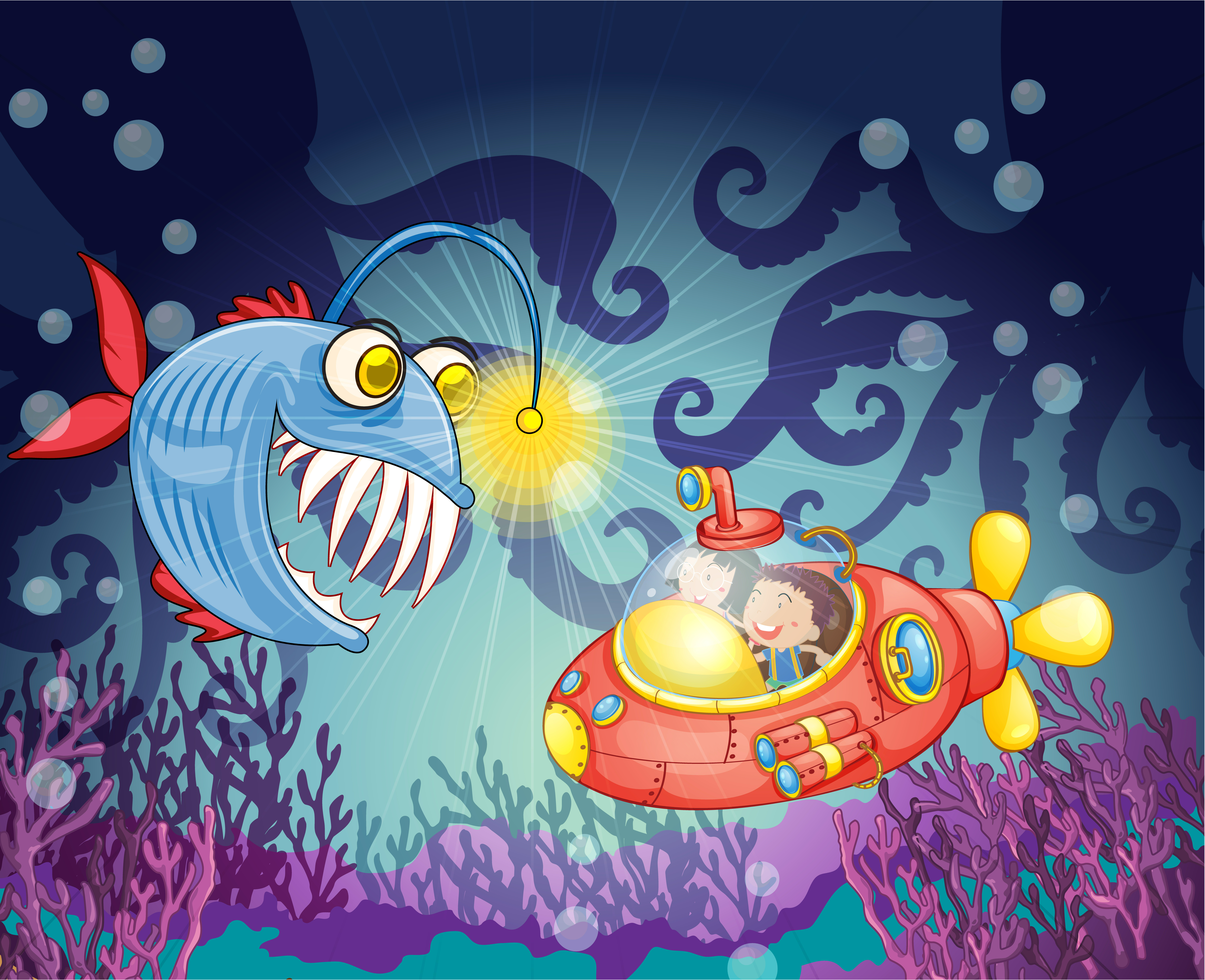 Dessin Animé Le Monstre Des Mers poisson monstre et sous-marin - Telecharger Vectoriel Gratuit, Clipart