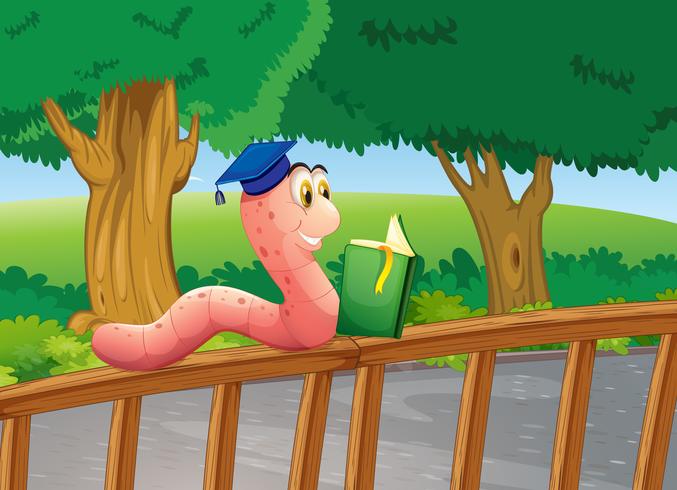 Un gusano leyendo un libro sobre la valla de madera. vector