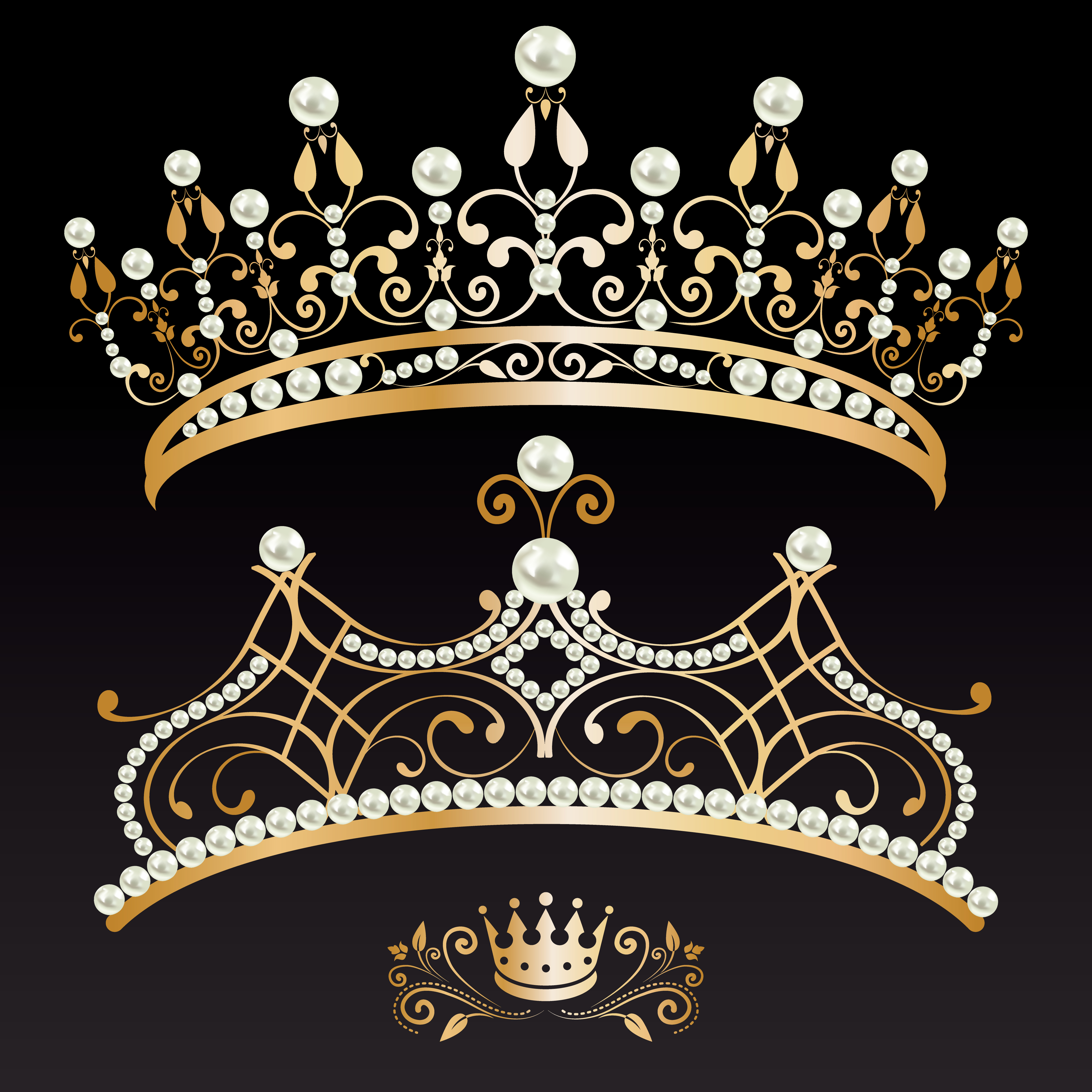 set collection of two golden with pearls tiaras and crown 360770 Vector
