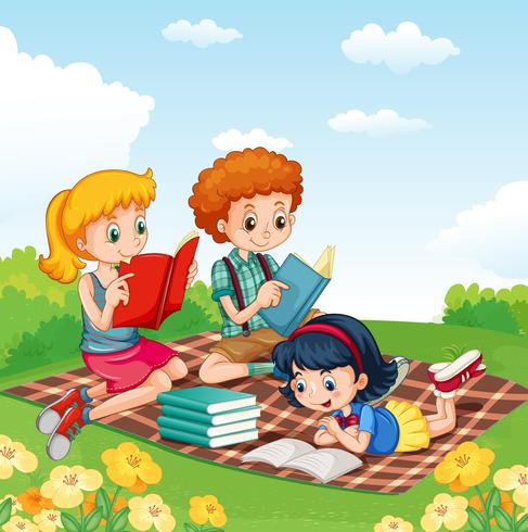 Children reading books in the park vector