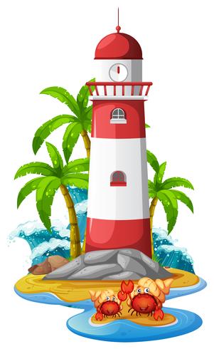 Lighthouse and hermit crabs on beach vector