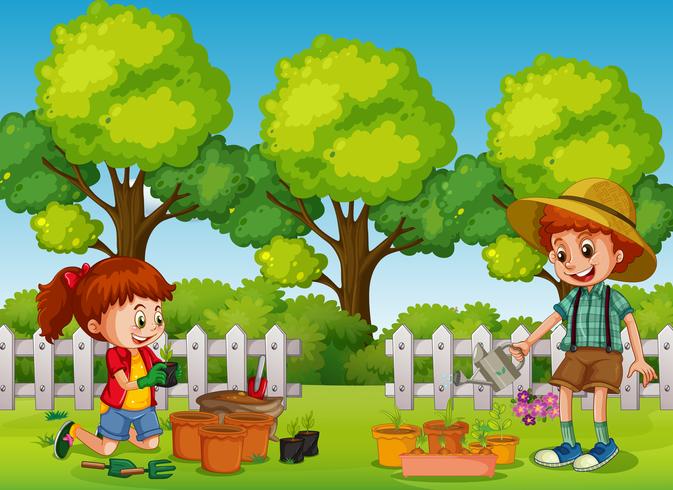 Niños felices jardinería en el parque vector