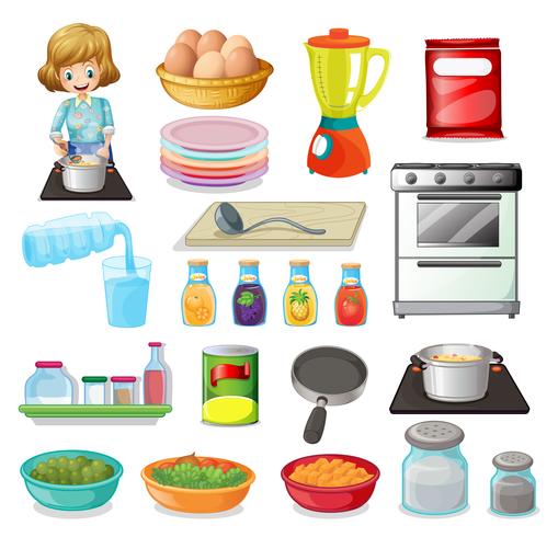 Alimentos y menaje de cocina. vector