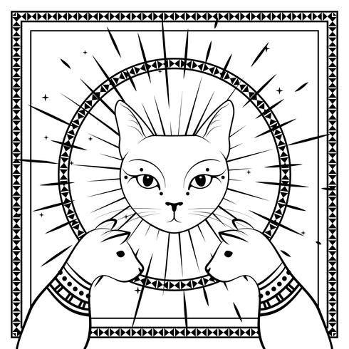 Gatos negros, cara de gato con luna en el cielo nocturno con marco redondo ornamental. Magia, diseño oculto. vector