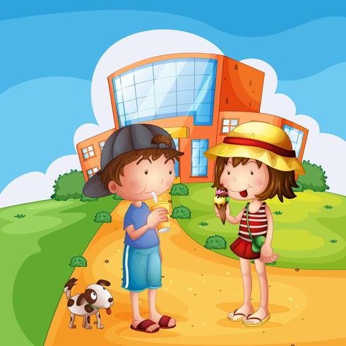 Kids and a puppy near the school vector