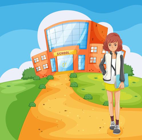 A lady standing outside the school building vector