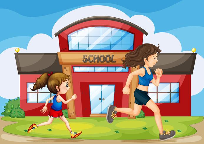 A kid and a woman running in front of the school vector