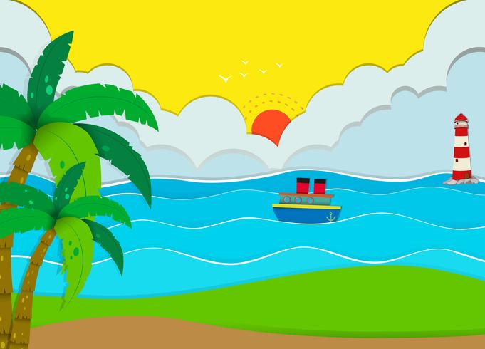 Ocean scene with beach and boat vector