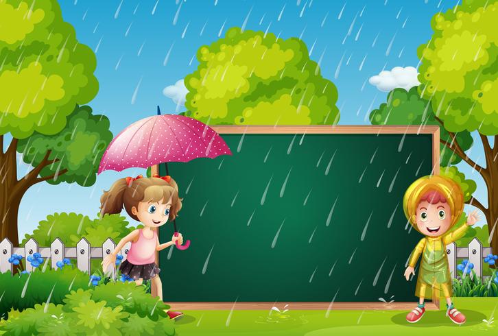 Plantilla de tablero con niños bajo la lluvia vector