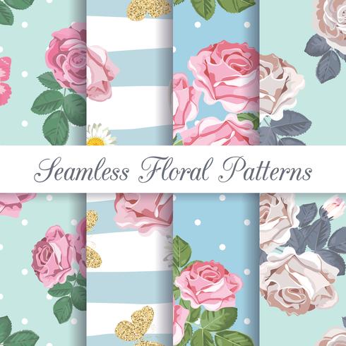 Set collection of floral seamless patterns with roses and butterflies vector