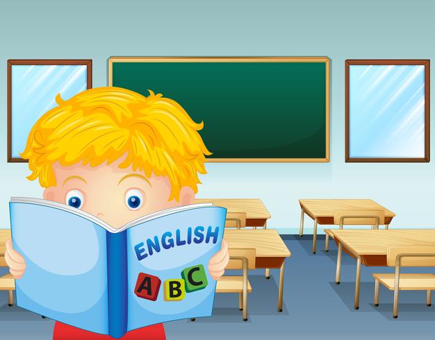 A kid reading inside the classroom vector