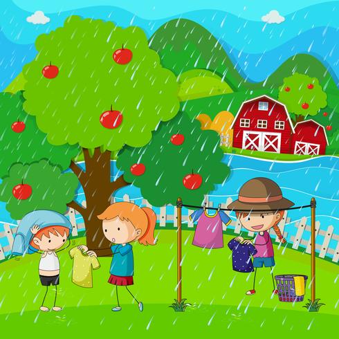 Escena de jardín con niños lavando la ropa bajo la lluvia vector