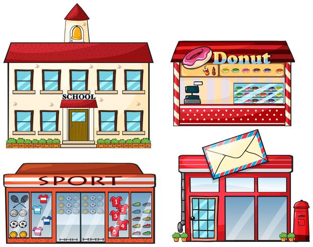 Una escuela, tienda de donas, tienda de deportes y una oficina de correos. vector