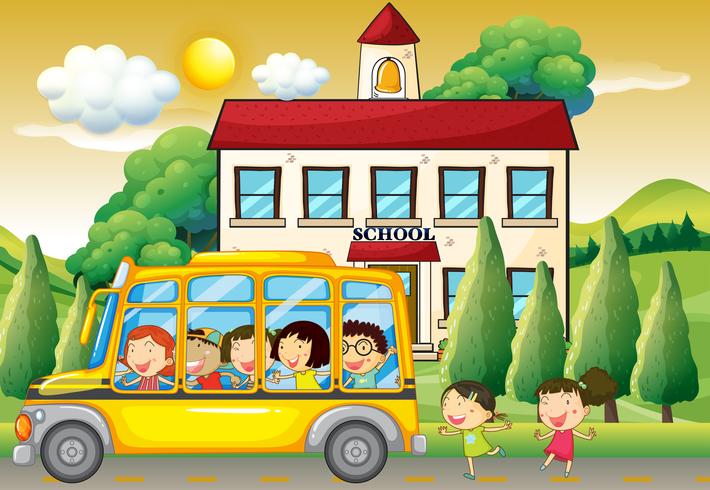 Students riding school bus to school vector