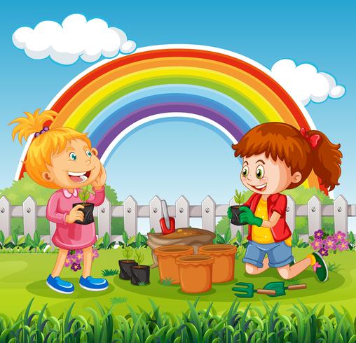 Girls Planting in Sunny Day vector