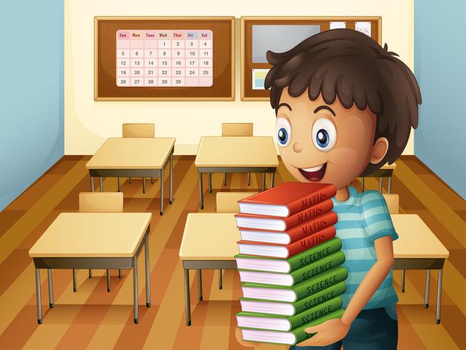 Un niño que lleva una pila de libros. vector