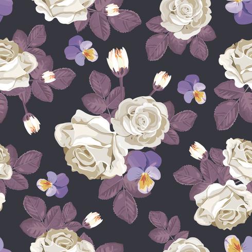 Retro floral pattern. White roses with violet leaves, pansies on dark background.  vector