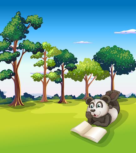 A panda lying at the grass while reading a book vector