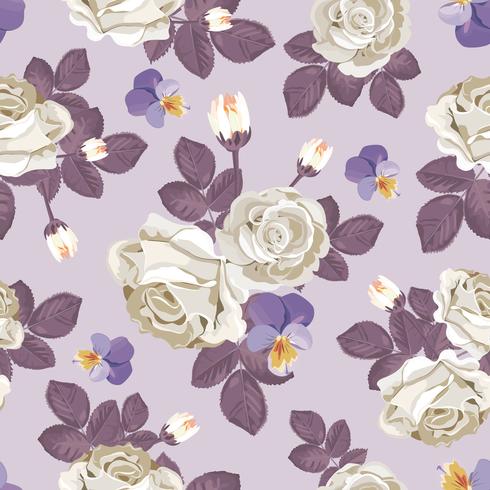 Retro floral pattern. White roses with violet leaves, pansies on light purple background.  vector