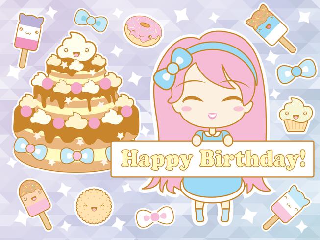 Tarjeta de feliz cumpleaños con linda niña sonriente chibi de dibujos animados vector