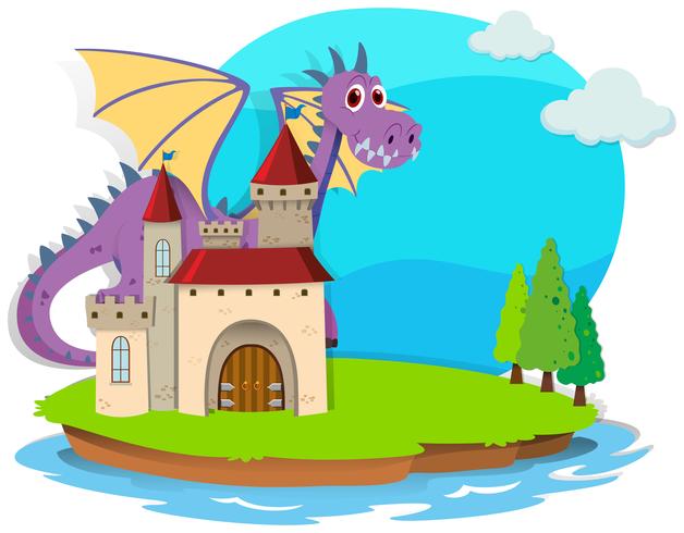 Castillo y dragón en la isla. vector