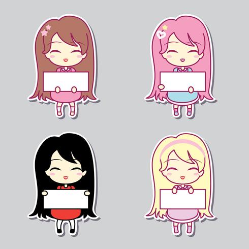 Set collections of four cute girls holding blank frames. vector