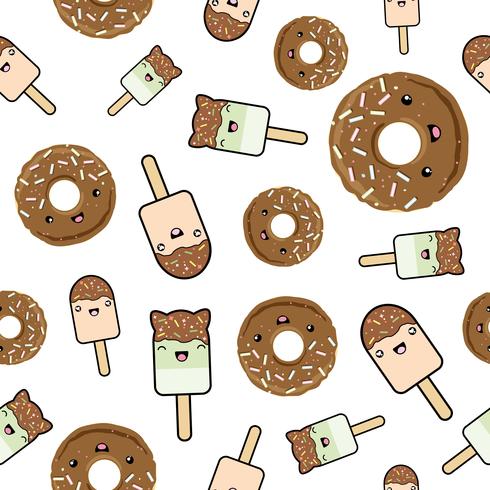 Seamless pattern. cute kawaii styled ice cream and chocolate glazed donuts. vector