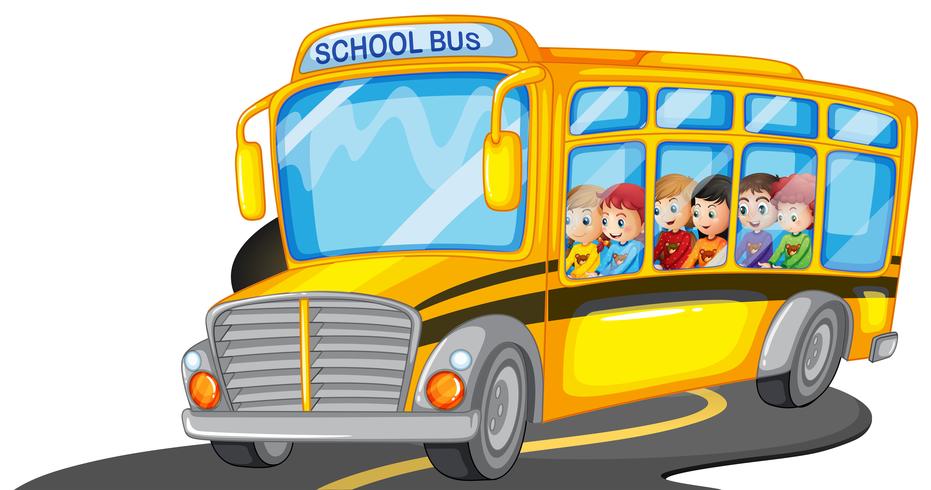 Niños y niñas en el autobús escolar. vector