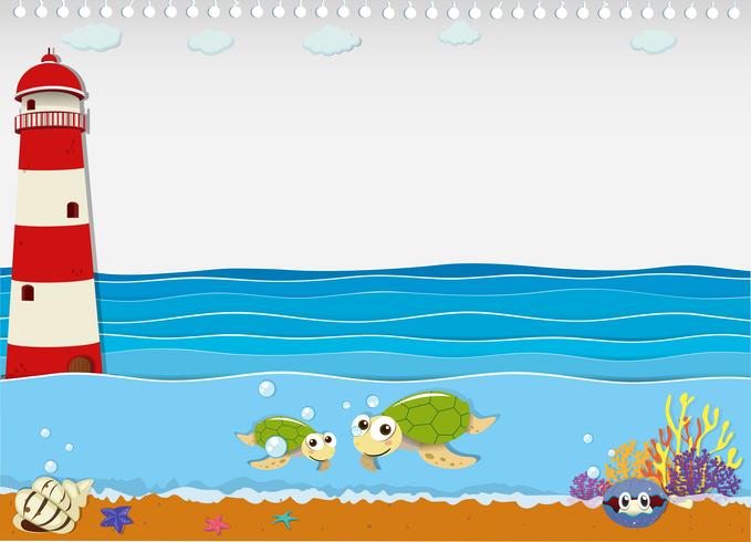 Ocean scene with lighthouse and animals vector